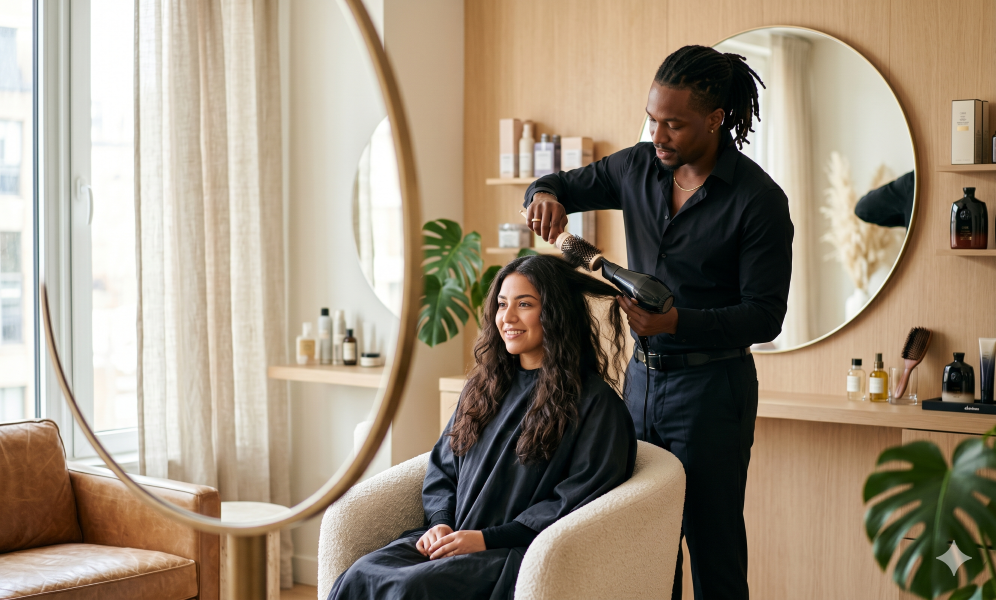 Coiffeur professionnel avec sa cliente en salon